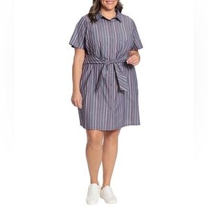 NWT London Times Plus Size Striped Cotton Short Sleeve Point Collar Shirt Dress